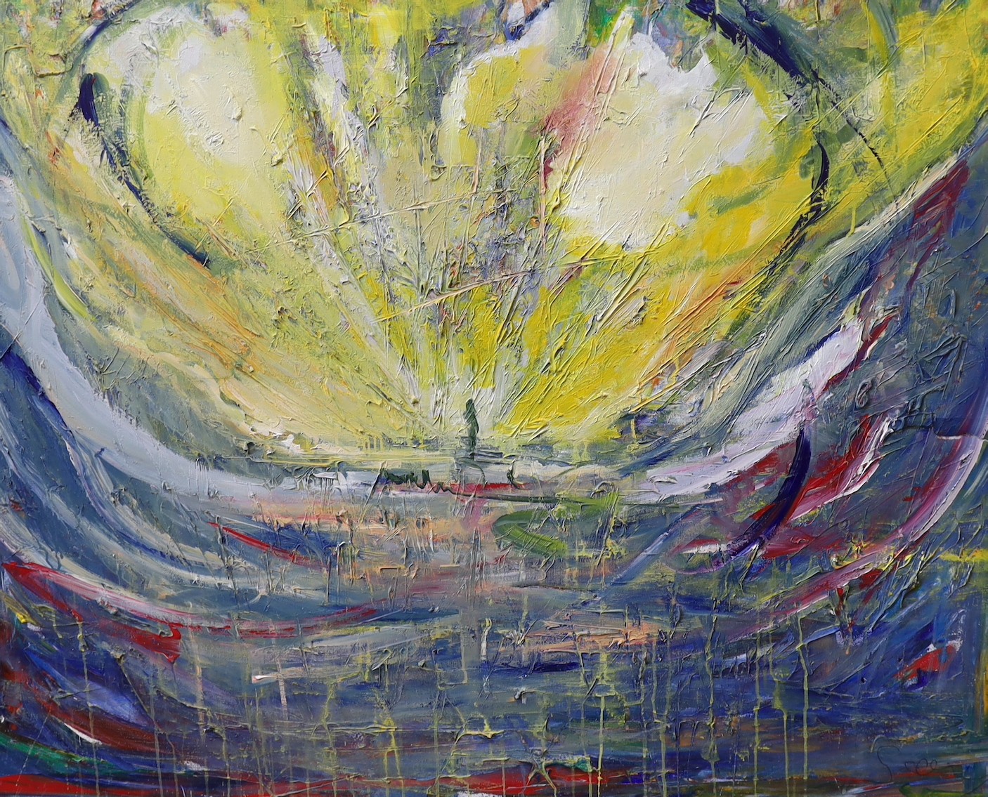 Rebecca Morse (Modern British) unframed abstract oil on canvas, signed verso, 127 x 101cm